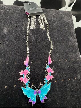Colorful Butterfly Necklace: Pink & Teal Accents w/ Chain link dangle Earrings